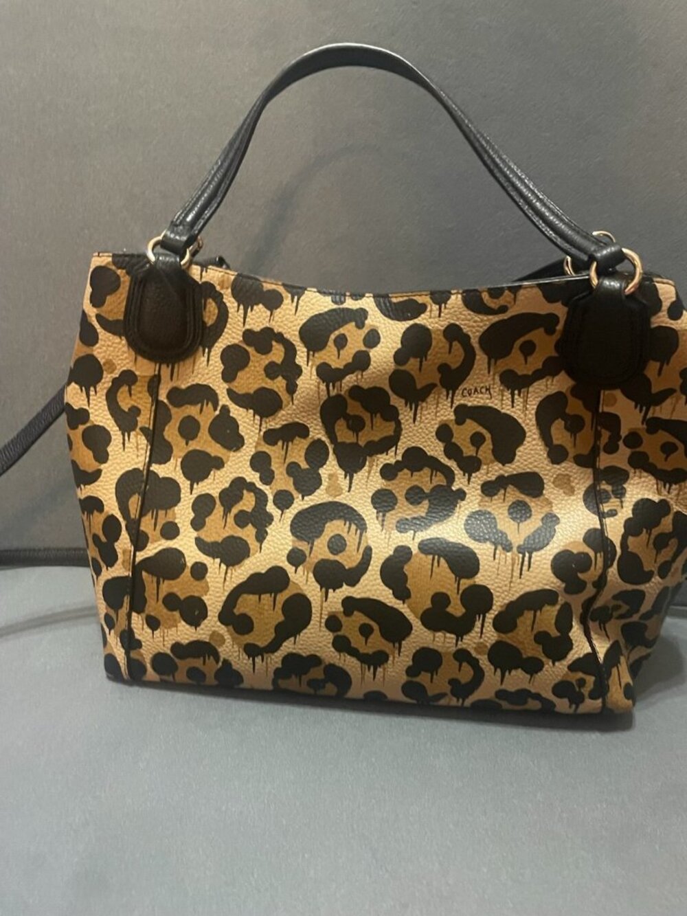 Coach Leopard Print Leather Handbag with Detachable Shoulder Strap